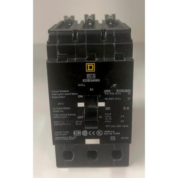 Square D Circuit Breaker, 60 Amp, 3-Pole, EDB34060
